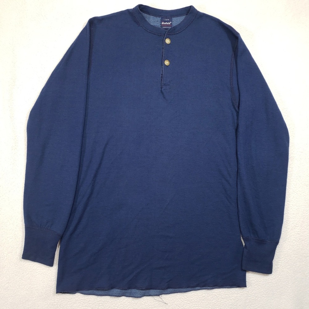 Duofold Henley Mens Large Blue Wool Blend Long Sleeve Thermal USA Made‎ Vintage